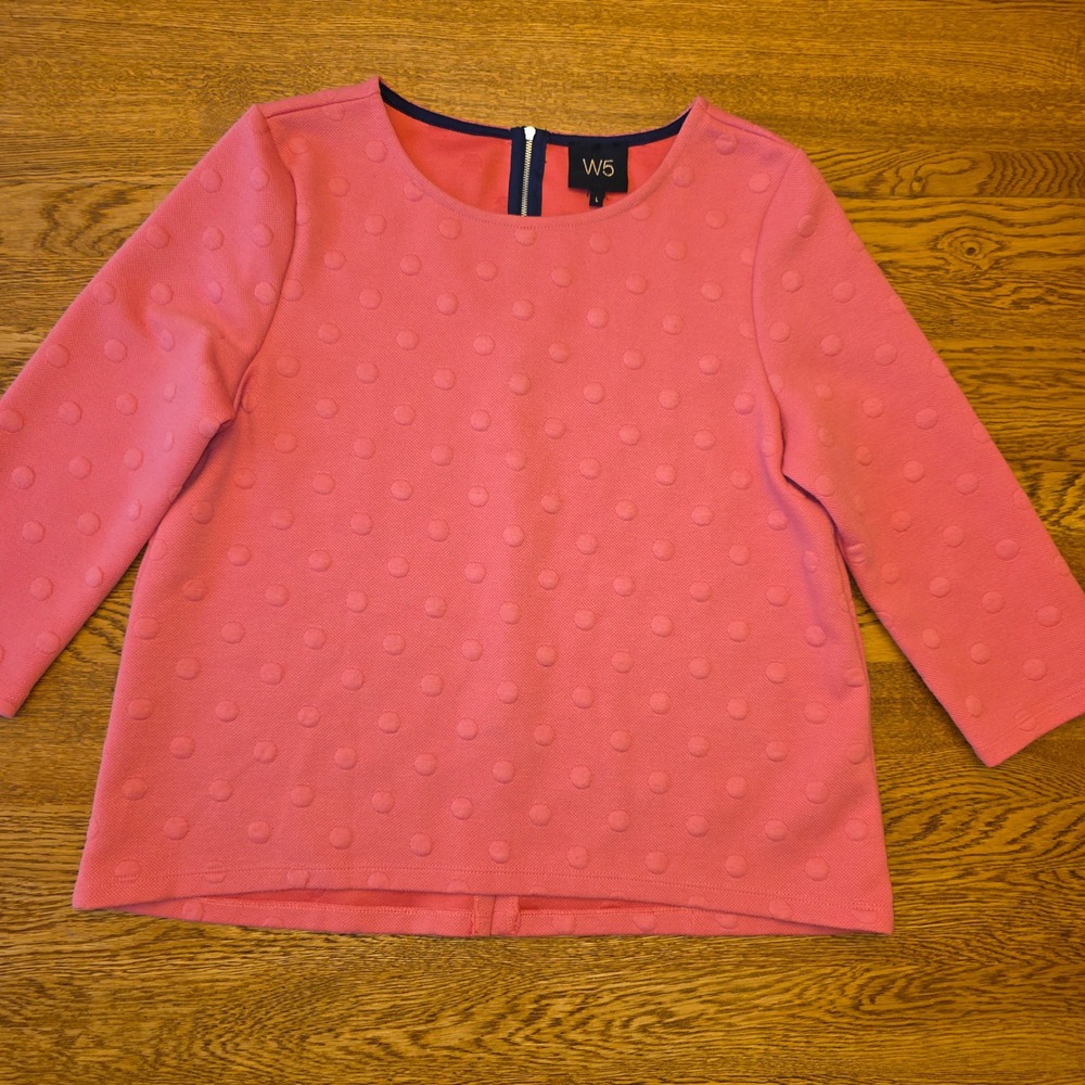 Womens Coral Pink Raised Polka Dot Textured Knit Top 3/4 Sleeve Size L Office